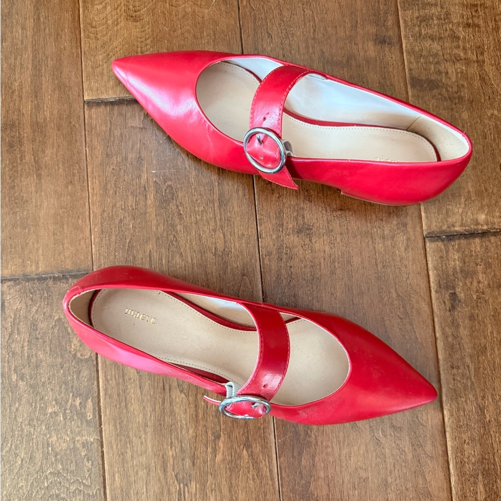 Maeve Red Pointed Mary Jane Flats with Silver Buckle